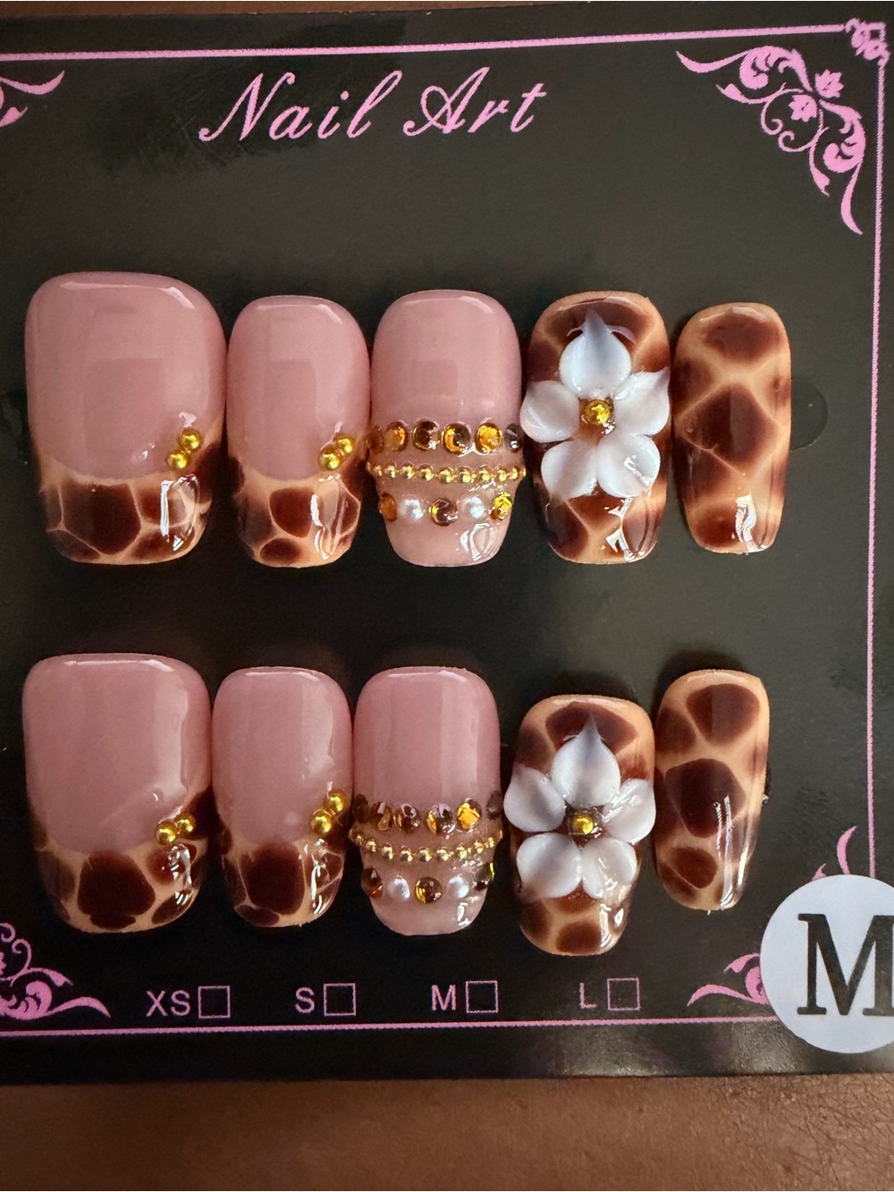 Nail Art Pink & Brown Giraffe Print Press-On Nails with Floral Accent